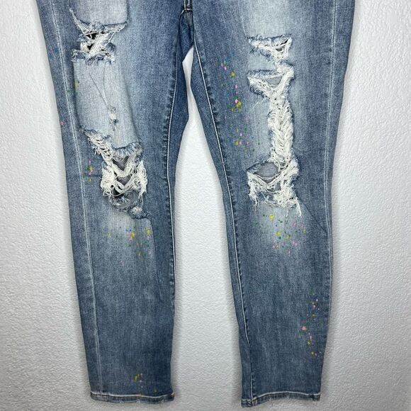 Judy Blue Boyfriend Fit Light Blue Wash Distressed Paint Speckle Jeans Sz 15/32 - Picture 5 of 12